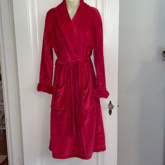 Lands End red super soft velour/velvet feel/plush polyester robe - Picture 1 of 8